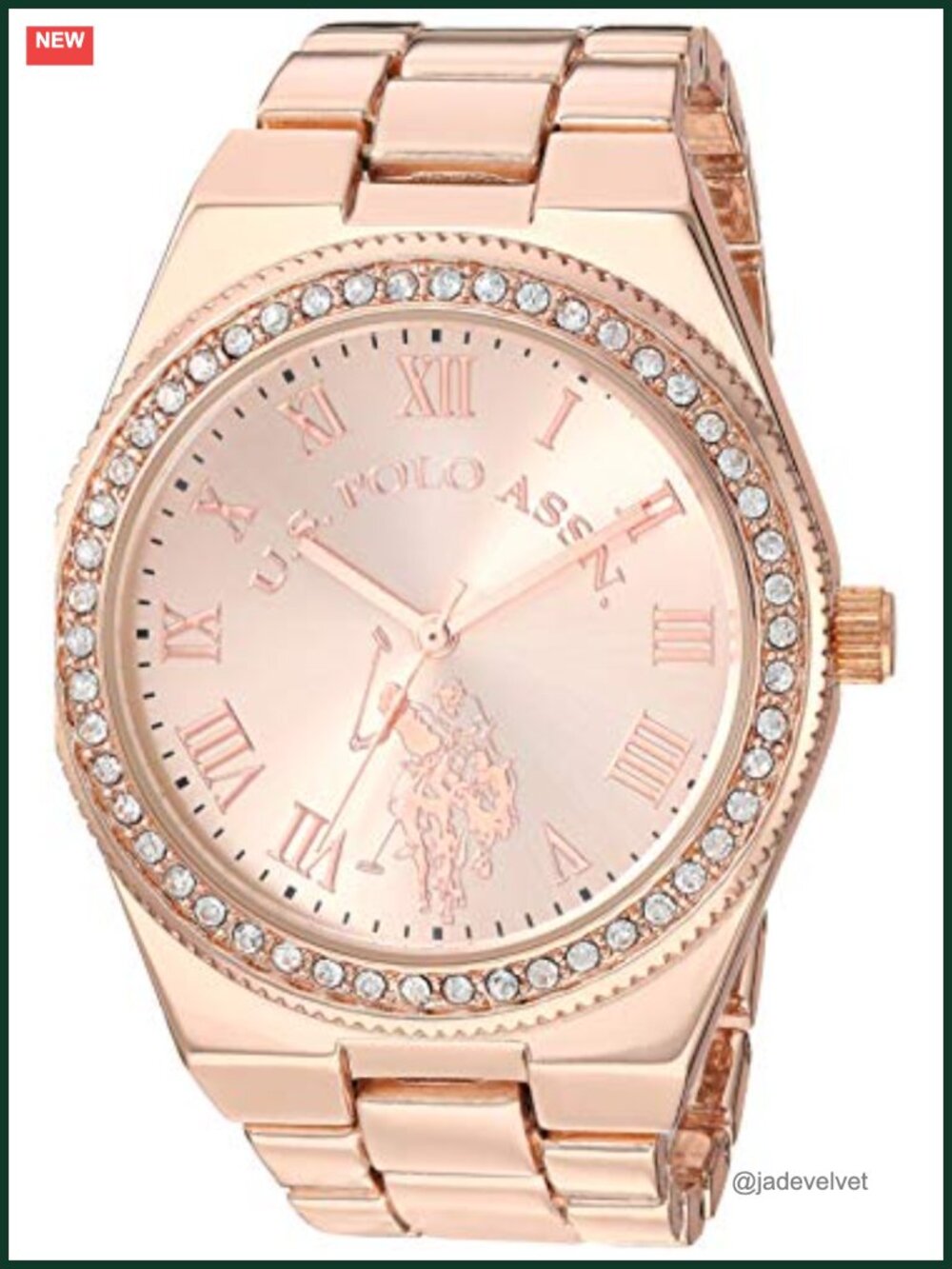 Rose Gold Women's Watch with Roman Numerals and Crystal Bezel, Analog Quartz,